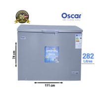 Un congélateur coffre Oscar 282L rempli d'une variété d'aliments surgelés, mettant en évidence sa grande capacité de stockage.