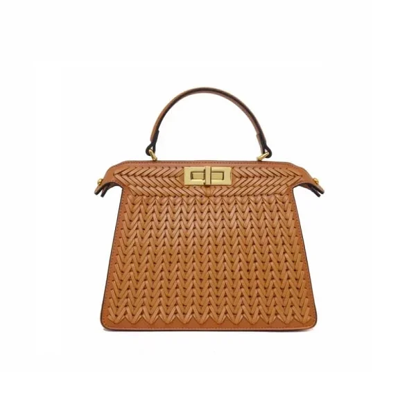 Petit sac Peekaboo Fendi marron en cuir tressé avec fermoir doré