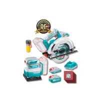Le kit complet avec la scie circulaire 20V et la ponceuse orbitale 20V posées à côté de leur batterie.
