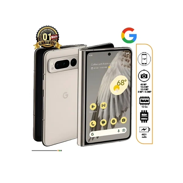 Google Pixel Fold 256Go d'occasion de couleur beige/doré, ouvert pour montrer l'écran pliable