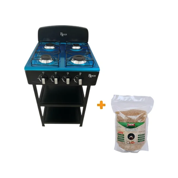 Pack promotionnel avec une plaque à gaz ROCH, 4 foyers, sur son support bleu et noir, et un sachet de 1kg de riz complet étuvé
