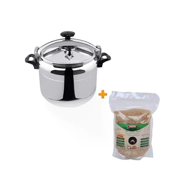 Pack promotionnel comprenant une cocotte-minute de 9 litres en inox et un sachet de 1kg de riz complet étuvé
