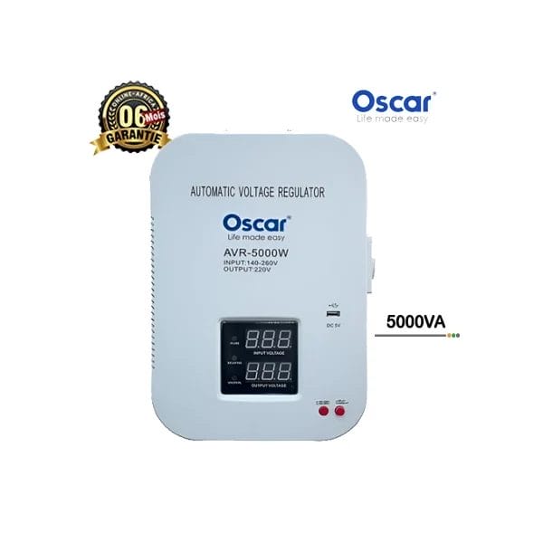 Régulateur de tension mural OSCAR 5000VA blanc avec affichage numérique et port DC 5V