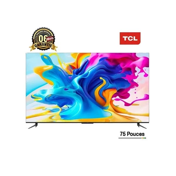 Smart TV TCL 75 pouces QLED, affichant une image abstraite colorée. Le logo de la marque et la mention de la garantie sont visibles