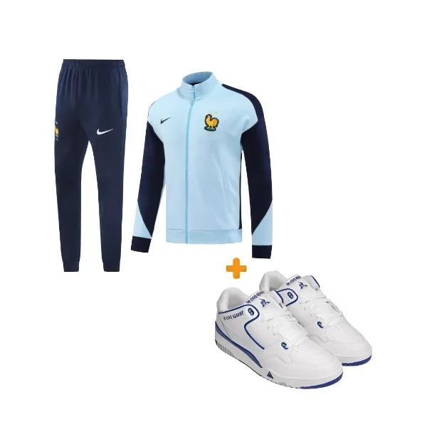 Ensemble survêtement FFF + baskets Le Coq Sportif T1000 sur fond blanc