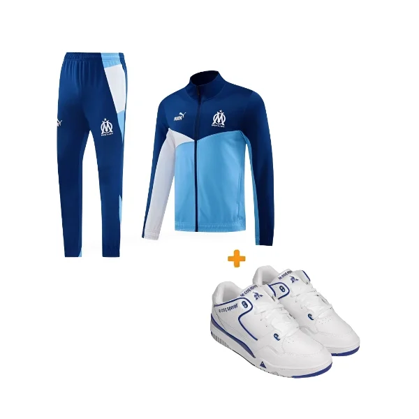 Ensemble survêtement OM PUMA + baskets Le Coq Sportif T1000 sur fond blanc