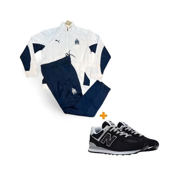 Ensemble survêtement OM + New Balance sur fond blanc