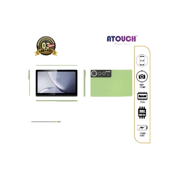 Tablette Atouch KD57 de couleur verte, vue sous différents angles sur un fond blanc pour mettre en évidence son design fin.