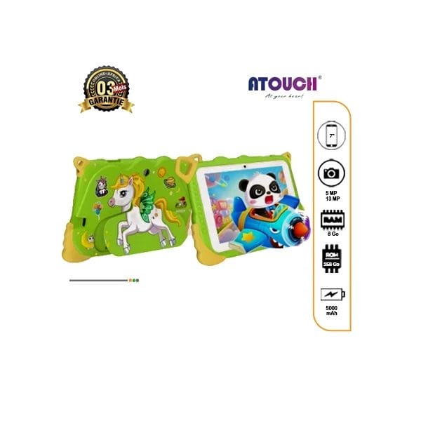 Tablette Atouch Q38 Lite, étui antichoc vert, avec une licorne et un panda en illustration