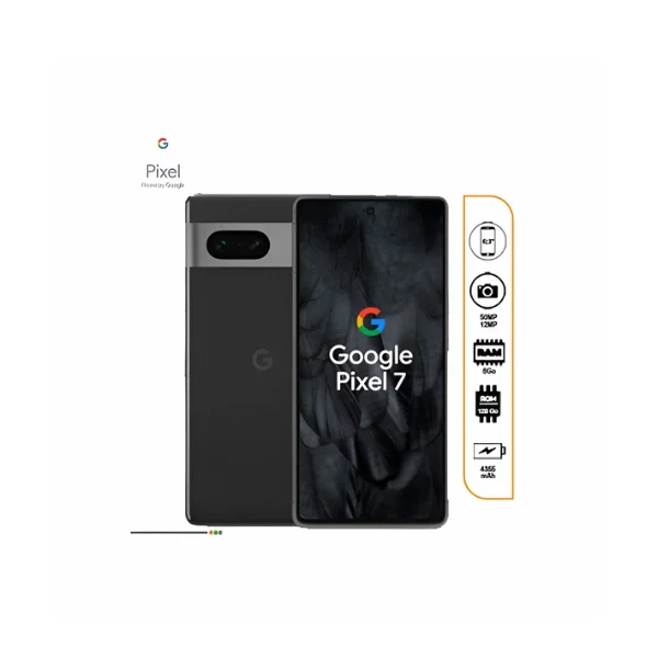 Google Pixel 7 noir, vu de face et de dos, avec son bloc caméra distinctif.