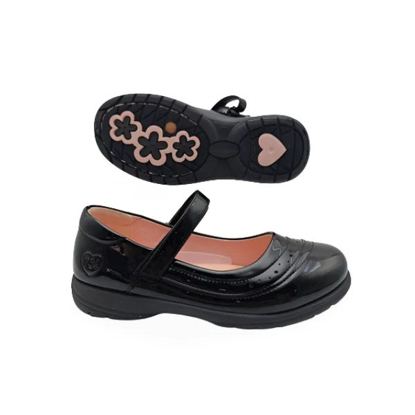 Ballerines fille en cuir noir avec bride à boucle et semelle antidérapante décorée de fleurs roses. Vue latérale et dessous