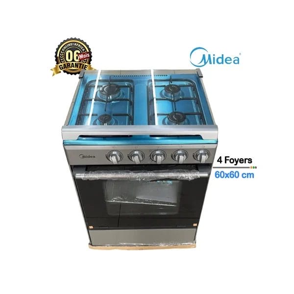 Cuisinière à gaz MIDEA 60x60 MD608 de couleur grise, avec 4 foyers et un four de grande capacité. Le produit est avec une garantie de 6 mois