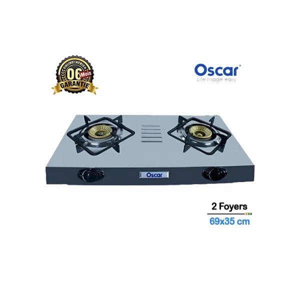 Plaque à gaz Oscar OSC-201 de couleur argentée, avec 2 foyers et un allumage automatique. Le produit est présenté dans un format de 69x35 cm avec une garantie de 6 mois