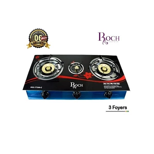 Plaque à gaz Roch RGC-TT306-C de couleur noire, avec 3 foyers et un allumage automatique. Le produit est en verre trempé et bénéficie d'une garantie de 6 mois