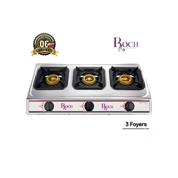 Plaque à gaz Roch RGC-TT307-C en acier inoxydable, avec 3 foyers et un allumage automatique. Le produit est présenté avec une garantie de 6 mois