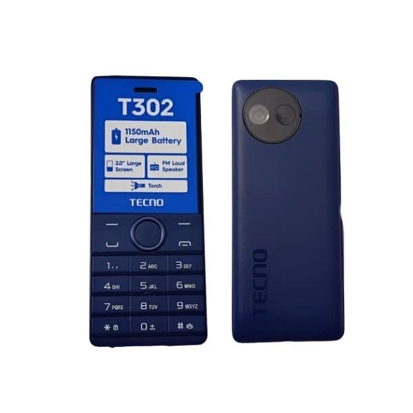 Téléphone Tecno T302 bleu, avec une vue de face montrant le grand écran de 2.0 pouces et les touches, ainsi qu'une vue de dos montrant l'appareil photo et le logo de la marque Tecno